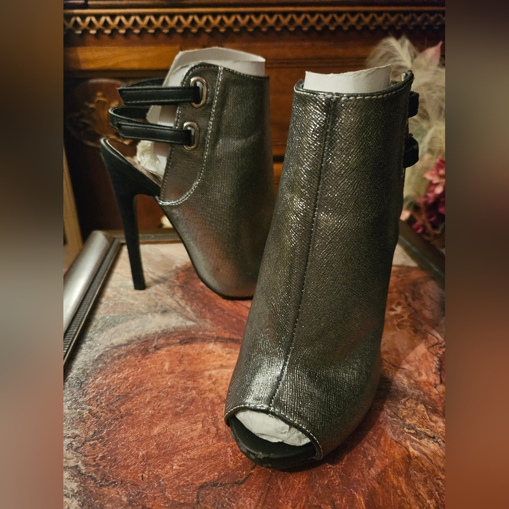 Silver Peep-Toe Ankle Boots